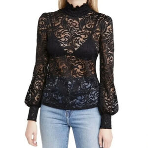 L'Agence Samara Black Sheer Lace Long Sleeve Bell Sleeve Turtleneck Top XS